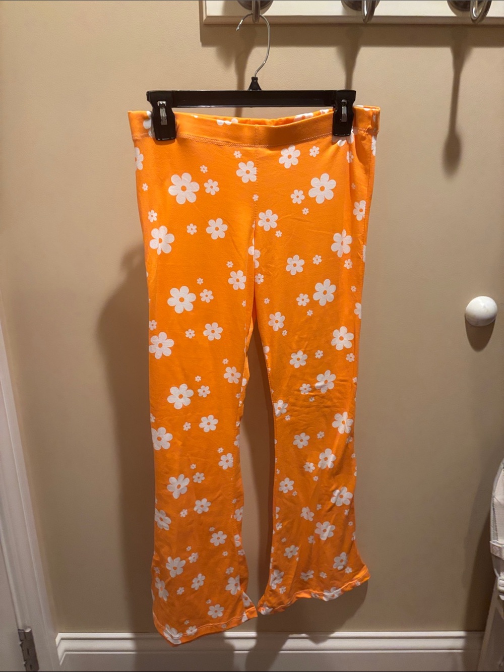 Orange Floral Pajama Pants - White Daisy Print